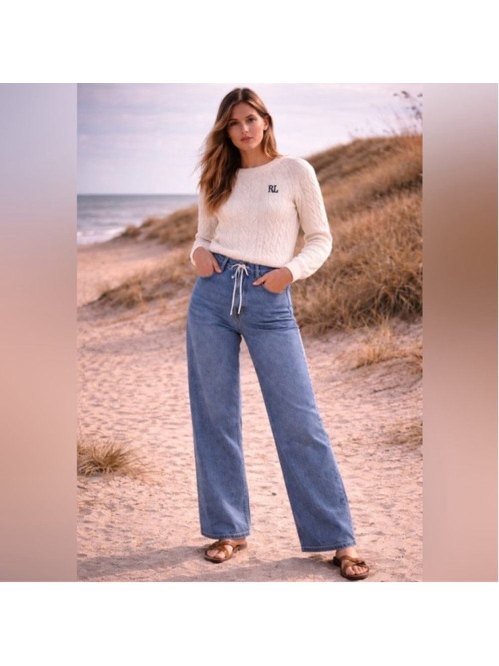 Flamingals drawstring stretchy wide leg denim jeans woman’s size M